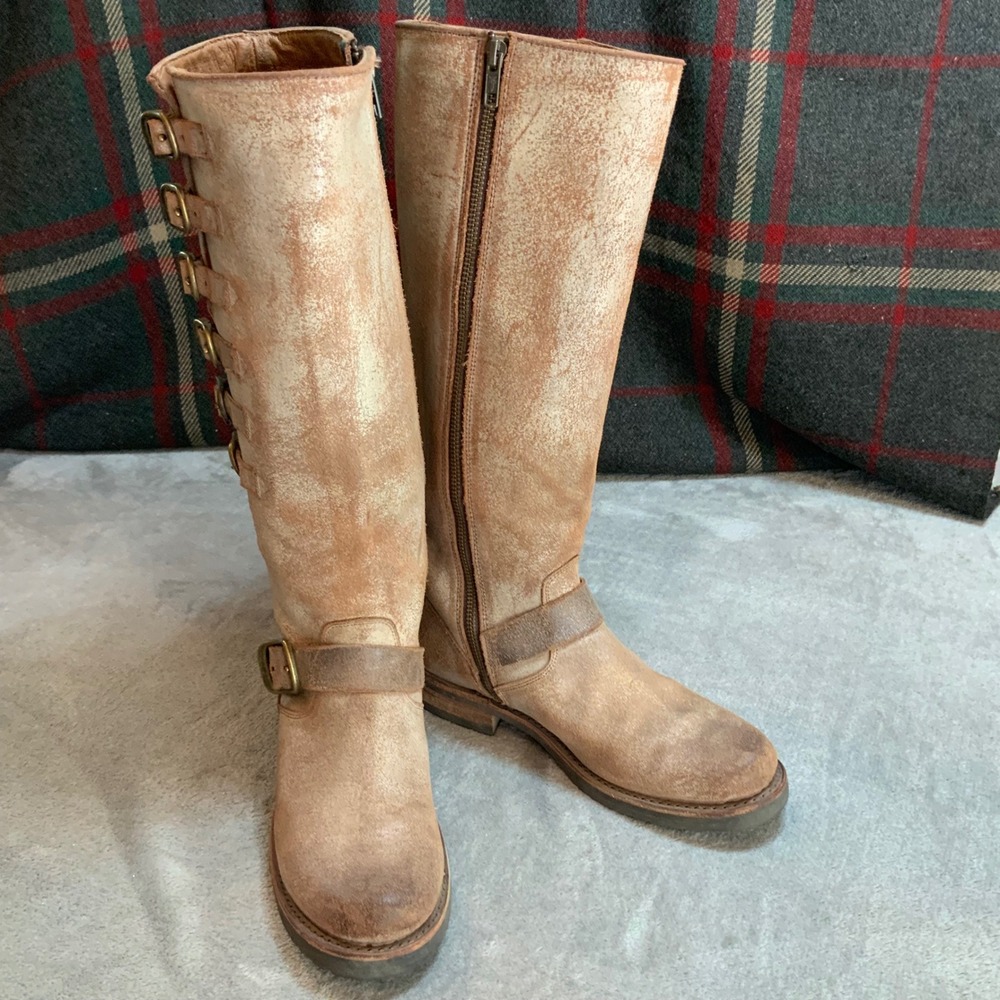 Frye Womens Distressed Leather Multi Buckle Tall Boots Tan Steampunk Mad Max 7.5